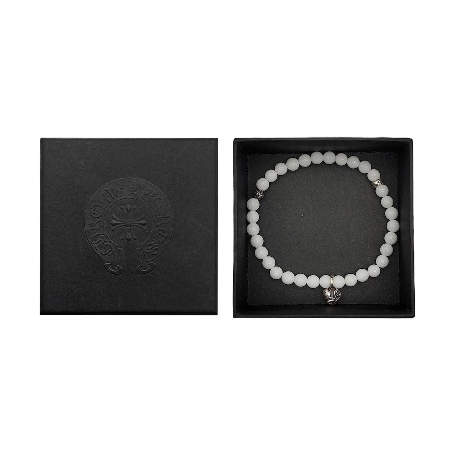 Chrome Hearts 6mm Silver Vine Heart Beaded Bracelet White