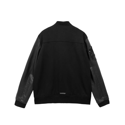 Full Cross Leather Sleeve Varsity Black Jacket
