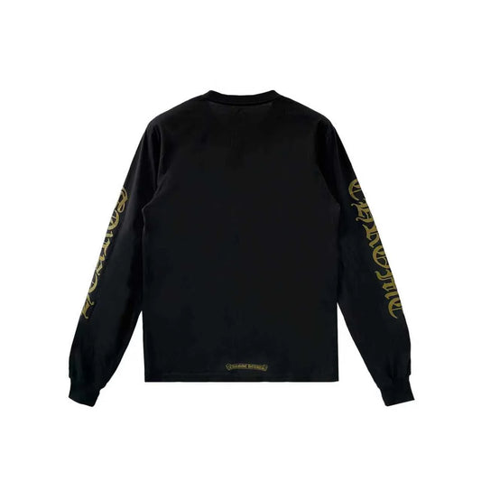Gold Script Neck Pocket Long Sleeve Black Tee