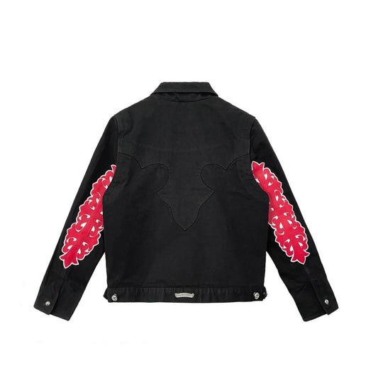 Red Floral Cross Leather Patch Denim Black Jacket