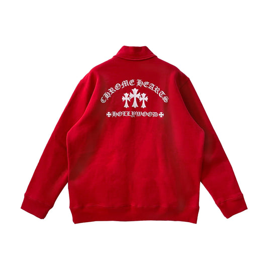 Red Hollywood Cross Logo Chrome Hearts Half Zip Sweatshirt