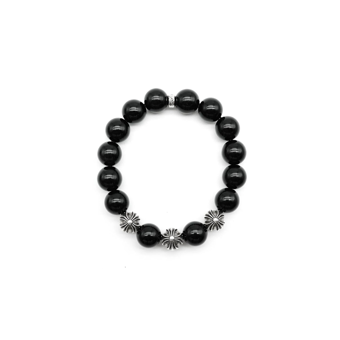 Chrome Hearts Black 12mm Silver Cross Beaded Bracelet