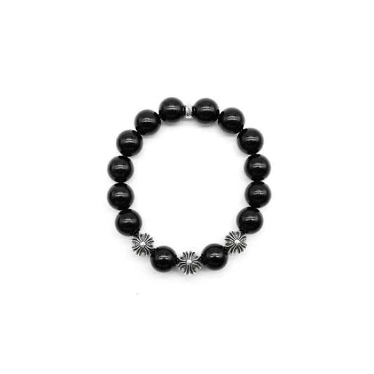 Chrome Hearts Black 12mm Silver Cross Beaded Bracelet