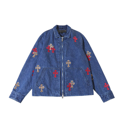1of1 Cross Patch Red Leopard Denim Zip Jacket