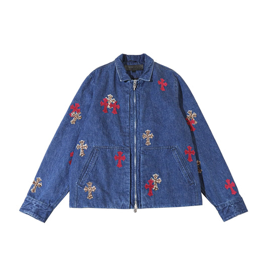 1of1 Cross Patch Red Leopard Denim Zip Jacket
