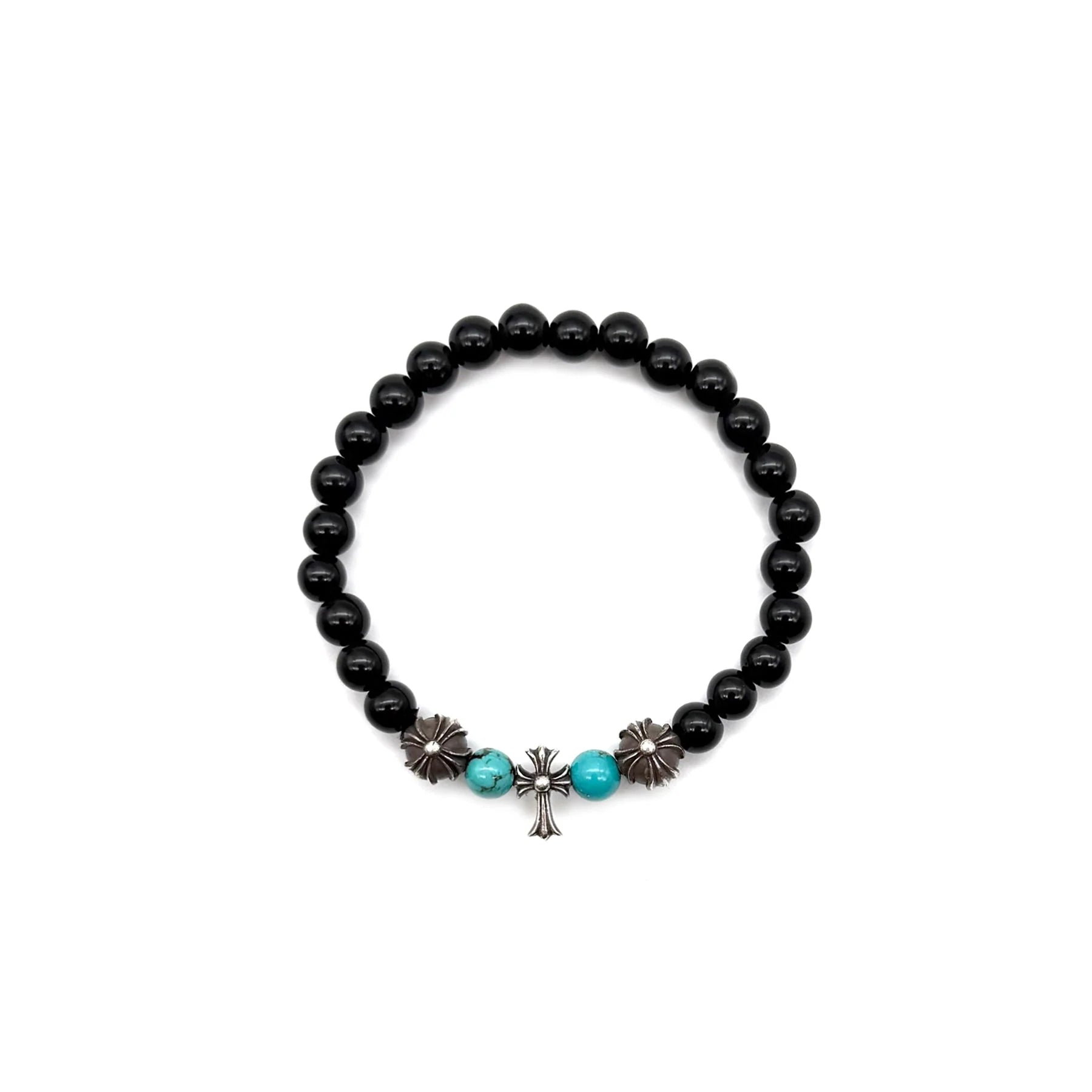 6mm Obsidian Silver Cross Beaded Bracelet