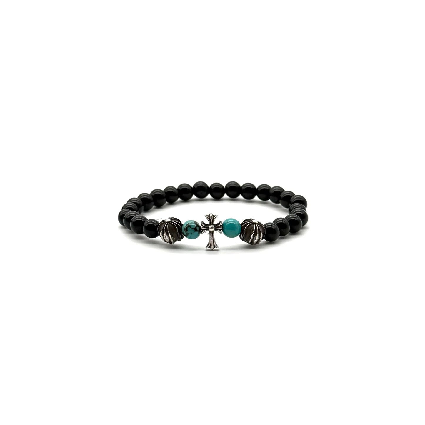 6mm Obsidian Silver Cross Beaded Bracelet