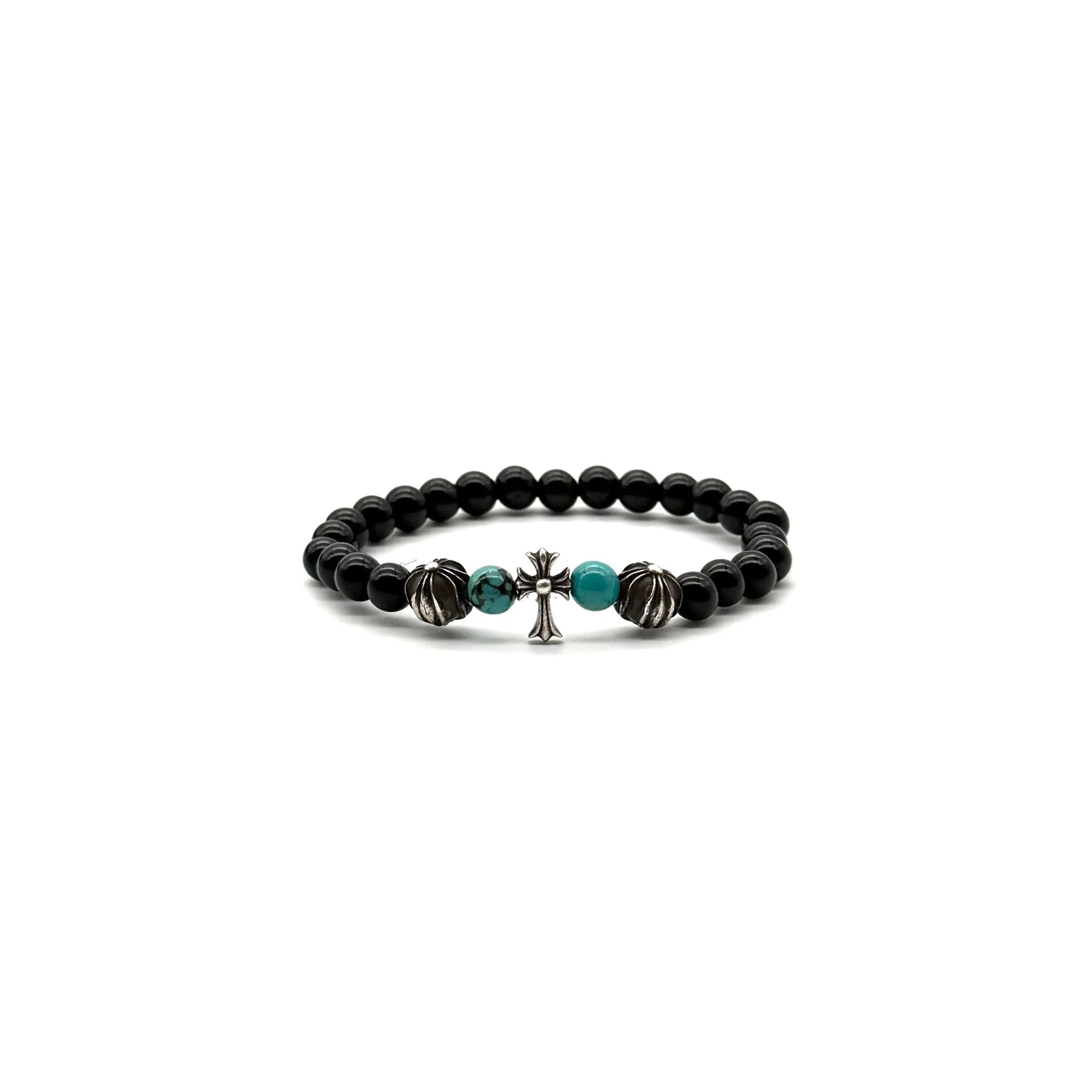 6mm Obsidian Silver Cross Beaded Bracelet