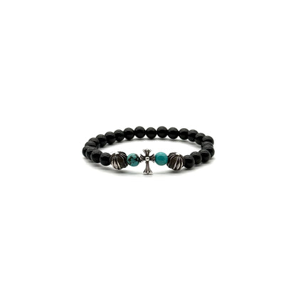 6mm Obsidian Silver Cross Beaded Bracelet