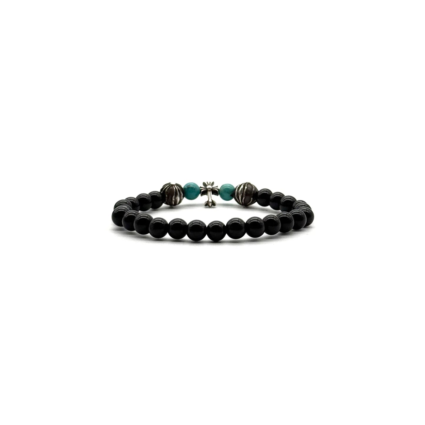 6mm Obsidian Silver Cross Beaded Bracelet