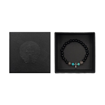6mm Obsidian Silver Cross Beaded Bracelet