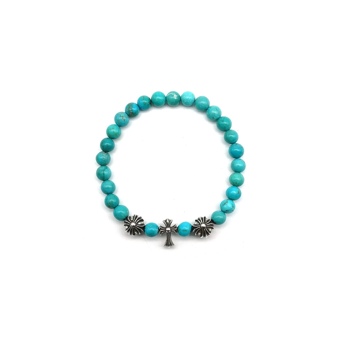 6mm Obsidian Silver Cross Beaded Bracelet Green
