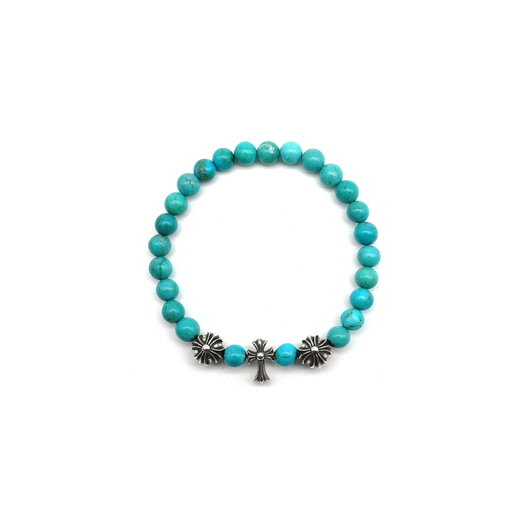 6mm Obsidian Silver Cross Beaded Bracelet Green