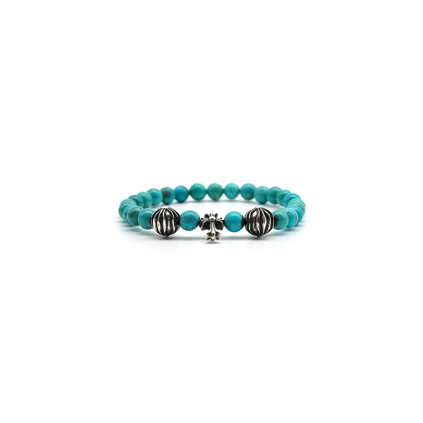 6mm Obsidian Silver Cross Beaded Bracelet Green