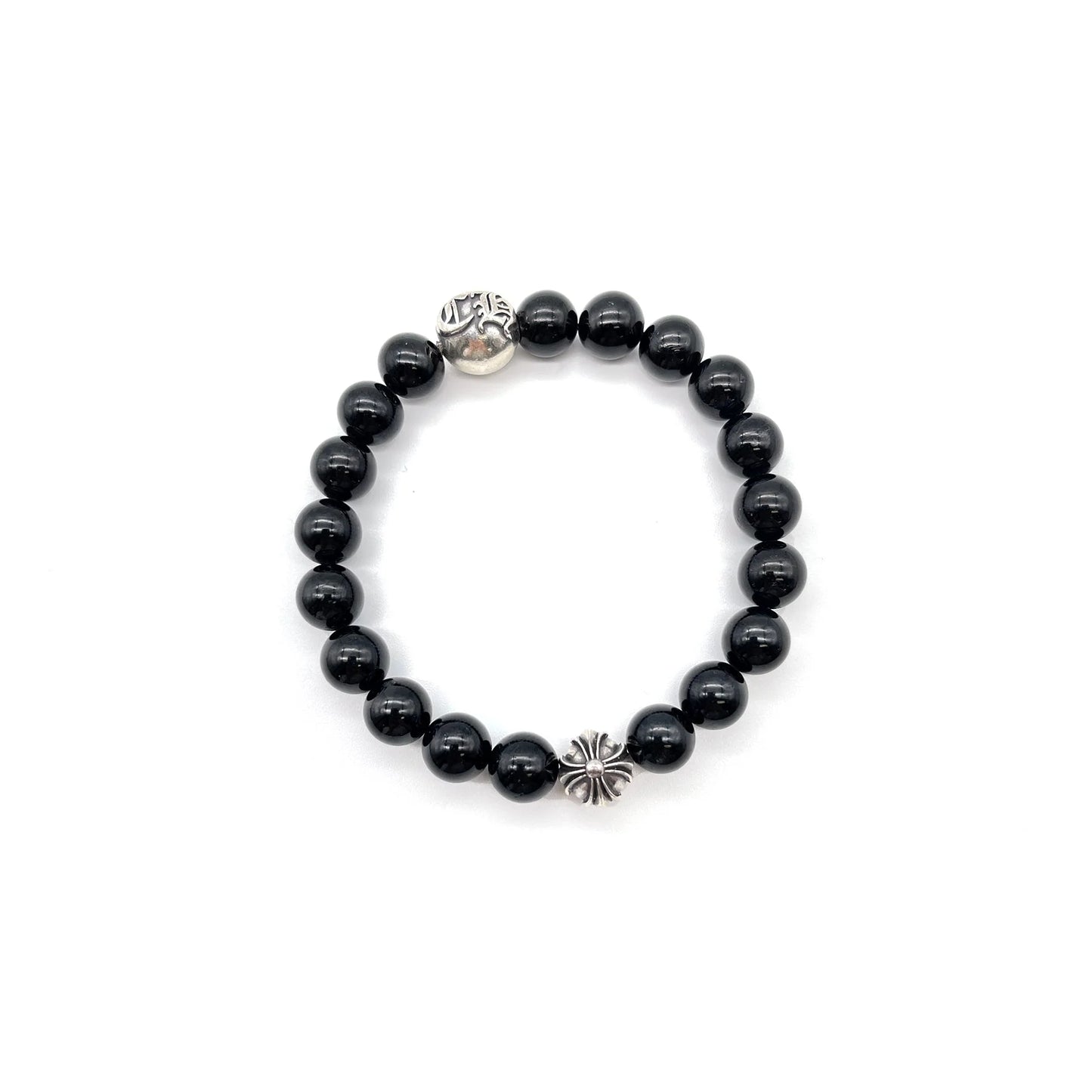 Chrome Hearts 8mm Beaded Obsidian Silver Bracelet