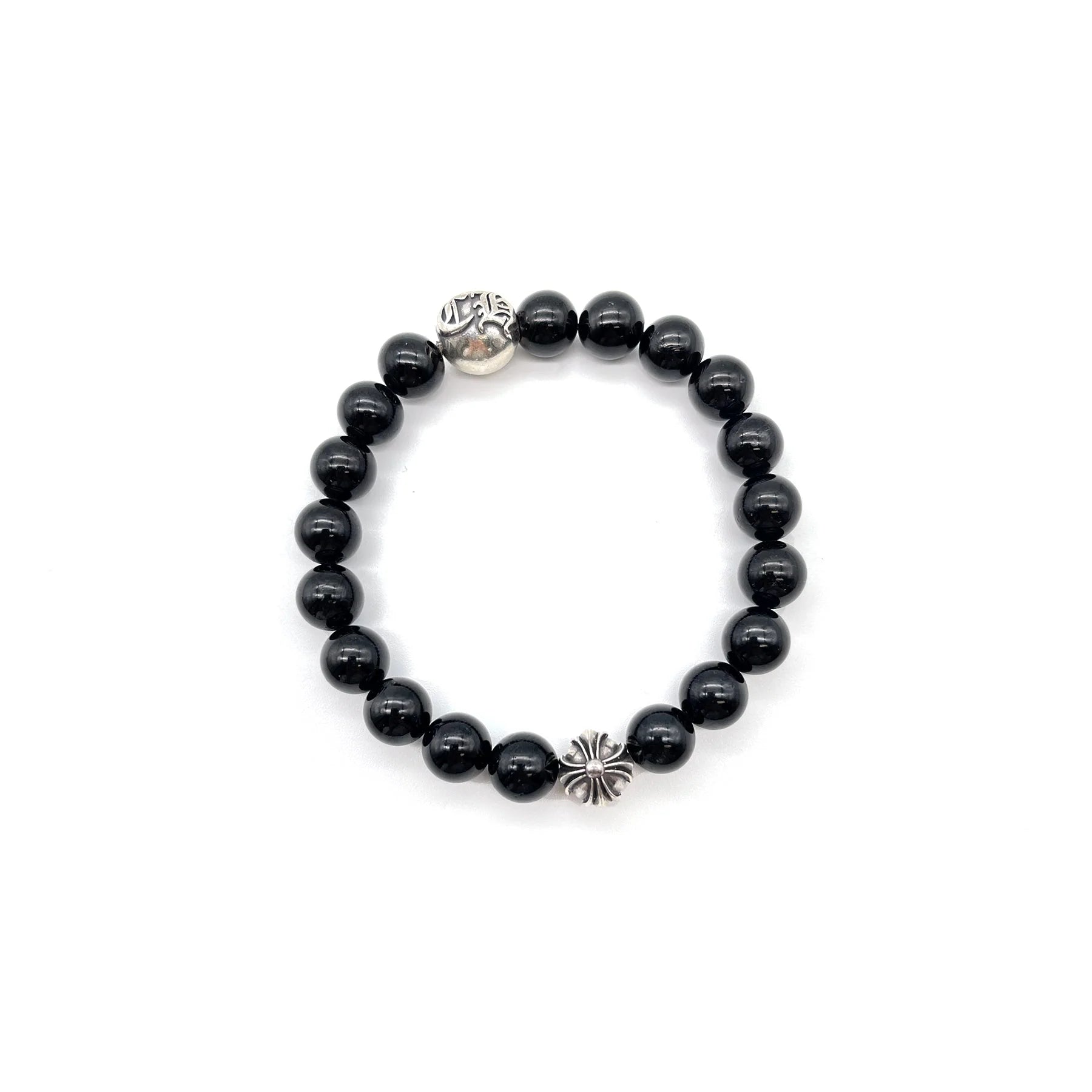 Chrome Hearts 8mm Beaded Obsidian Silver Bracelet
