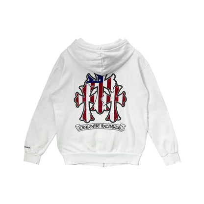 Triple Cross Scroll Label American Flag Zip Up Hoodie