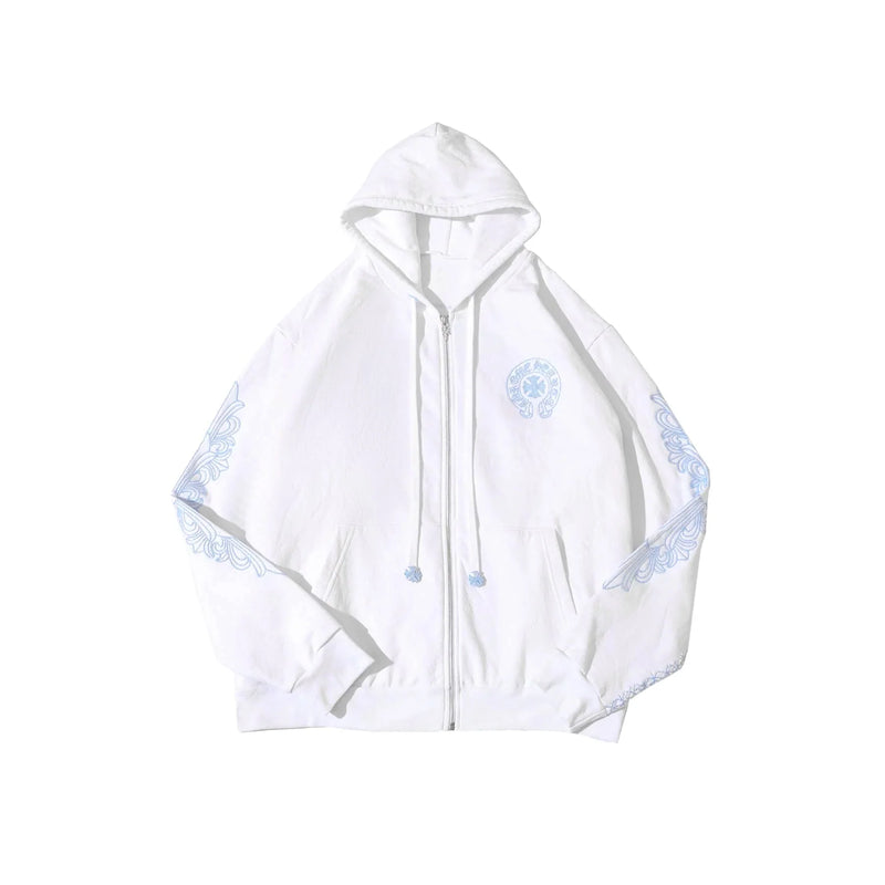 Beaded Horseshoe Logo Chrome Hearts White Zip Up Hoodie