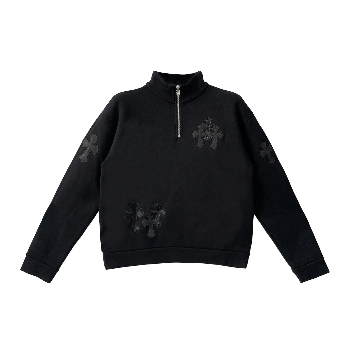 Black Patent Leather Cross Chrome Hearts Half Zip Sweatshirt
