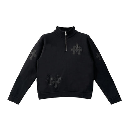 Black Patent Leather Cross Chrome Hearts Half Zip Sweatshirt