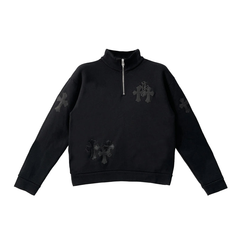 Black Patent Leather Cross Chrome Hearts Half Zip Sweatshirt