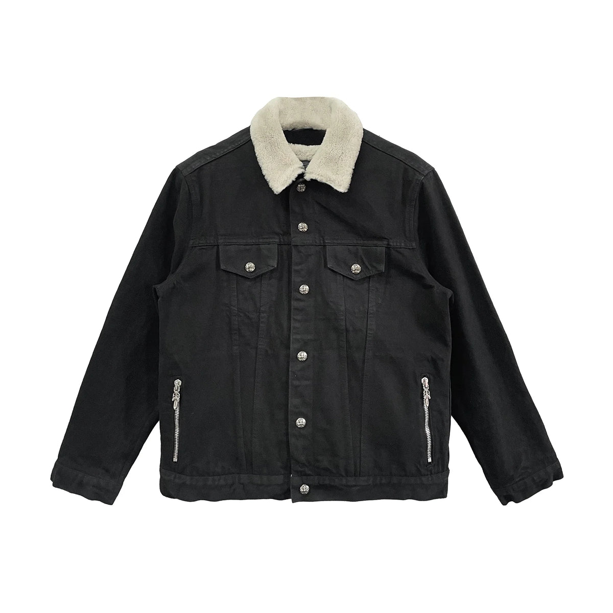 Fur Collar Shearling Black Denim Jacket