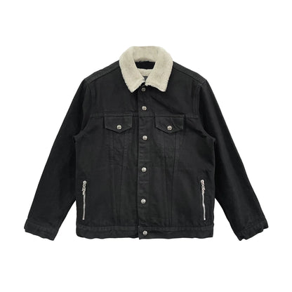 Fur Collar Shearling Black Denim Jacket