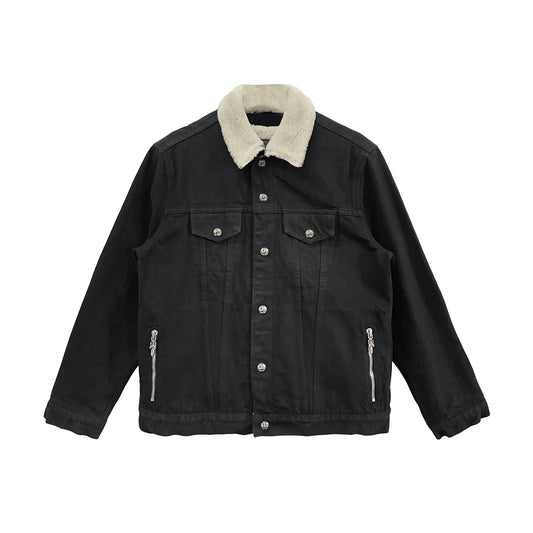 Fur Collar Shearling Black Denim Jacket