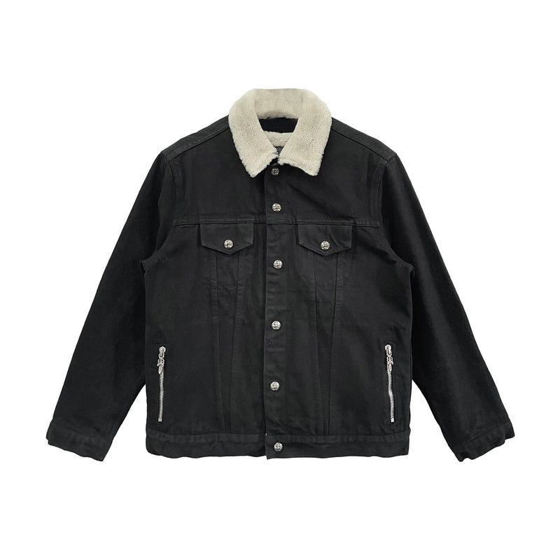 Fur Collar Shearling Black Denim Jacket
