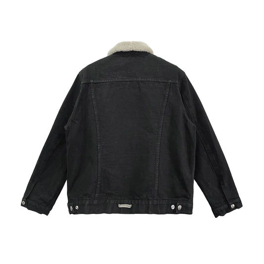Fur Collar Shearling Black Denim Jacket