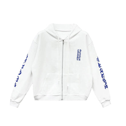 Blue Scroll Label Chrome Hearts White Zip Up Hoodie
