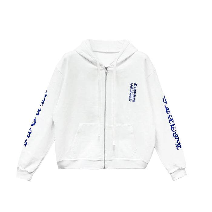 Blue Scroll Label Chrome Hearts White Zip Up Hoodie