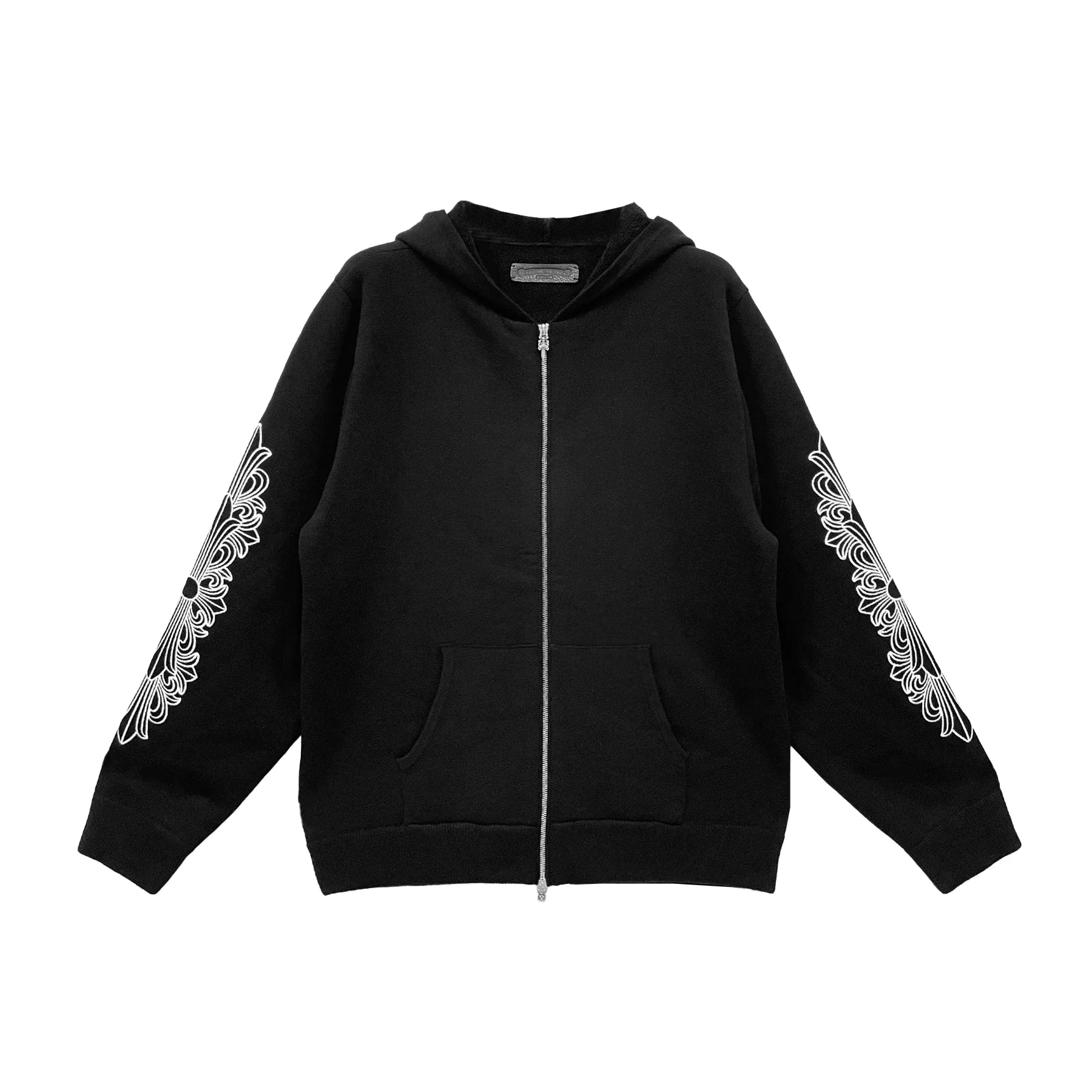 Cashmere Embroidered Floral Sleeve Black Zip Up Hoodie