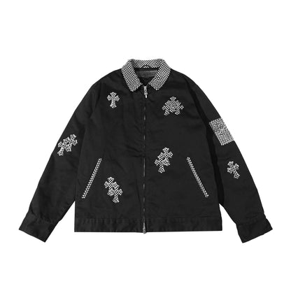 Cross Patch Checkerboard Black Denim Jacket