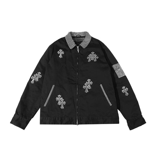 Cross Patch Checkerboard Black Denim Jacket