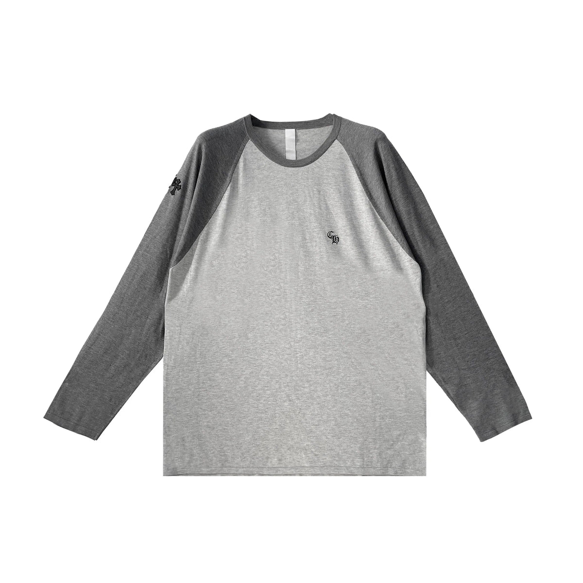 Embroidered Cross Patch Silk Raglan Grey Long Sleeve T-Shirt