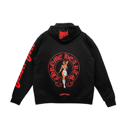 Chrome Hearts Black Hoodie Deadly Doll Red Horseshoe