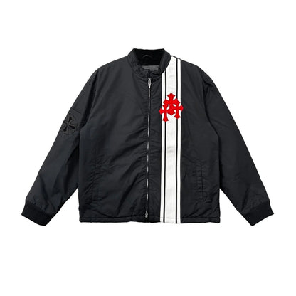 Faux Fur Lined Red Triple Cross Patch Black Jacket