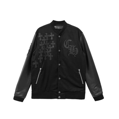 Full Cross Leather Sleeve Varsity Black Jacket
