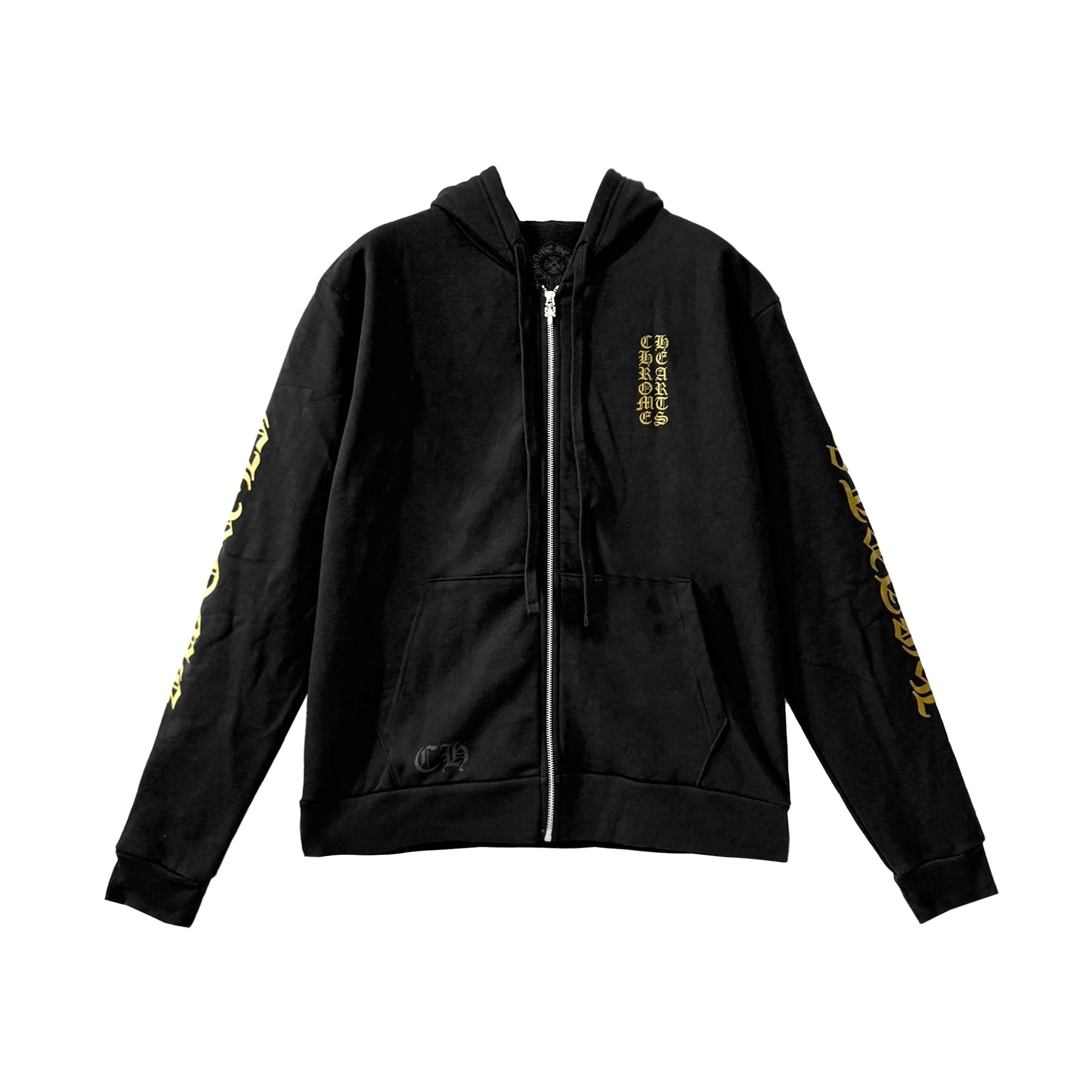 Black Chrome Hearts Zip Up Hoodie Gold Script