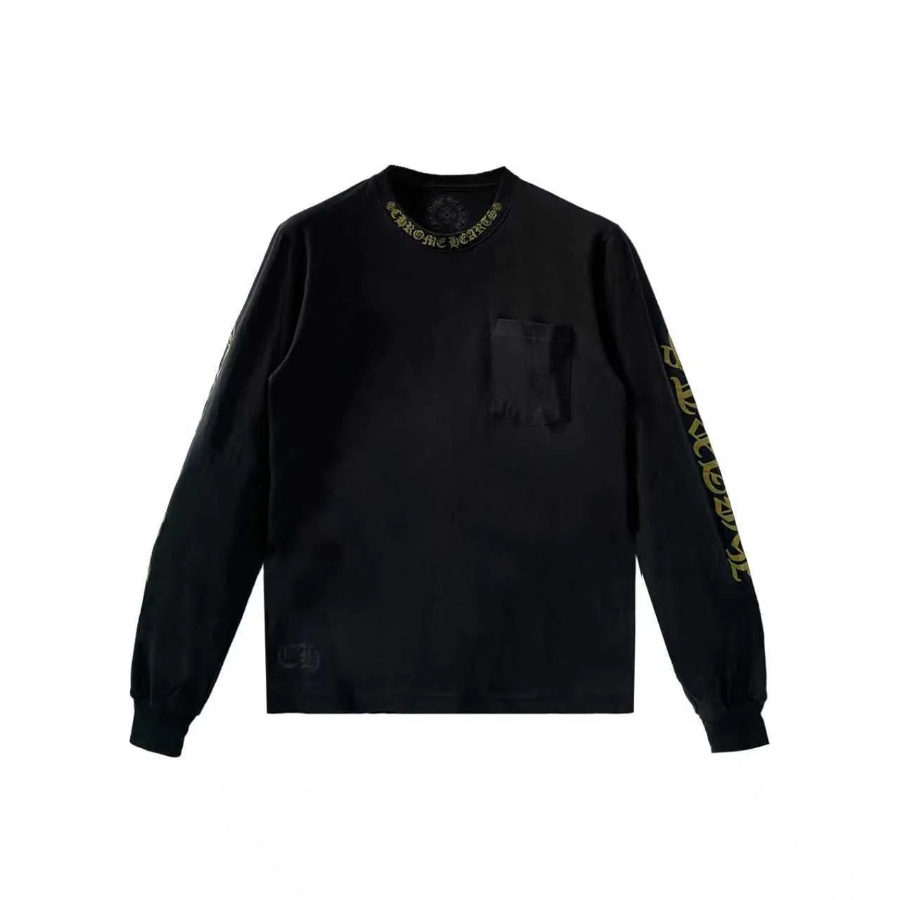 Gold Script Neck Pocket Long Sleeve Black Tee