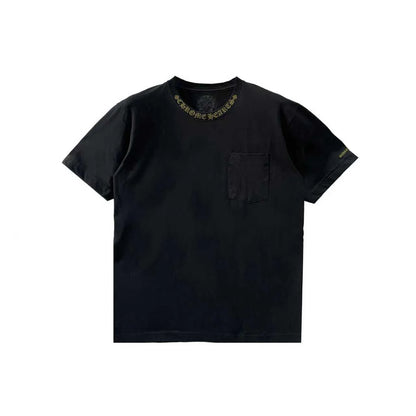Gold Script Neck Pocket Short Sleeve T-Shirt Black