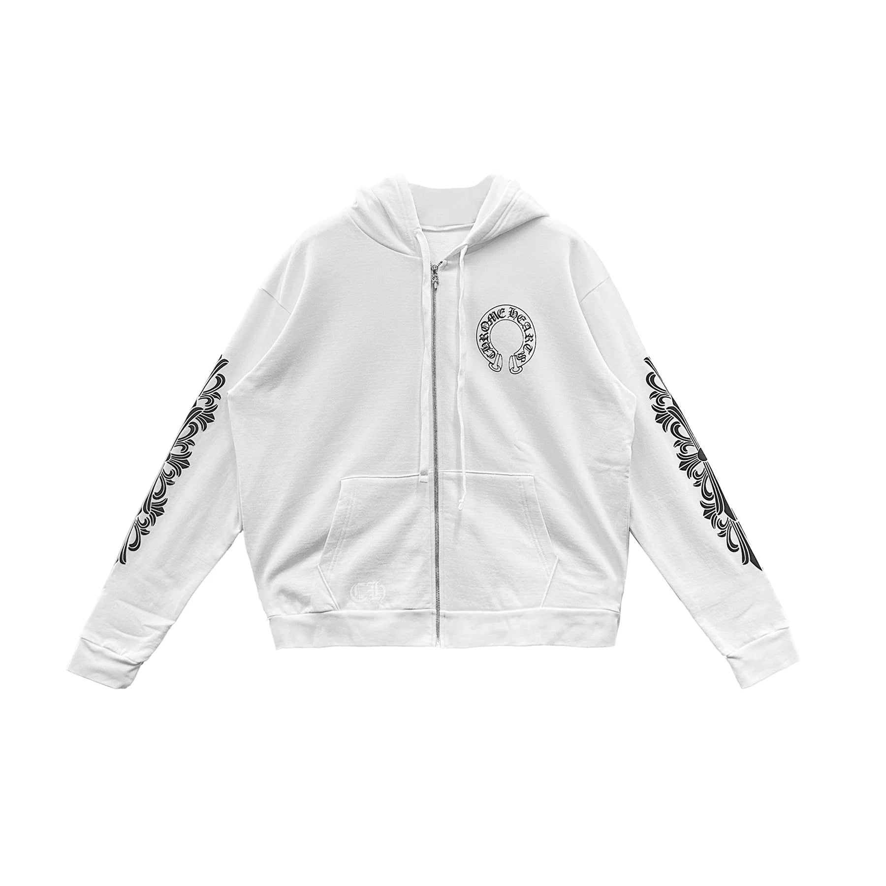 Horseshoe Floral Sleeve Fleece Zip Up White Hoodie
