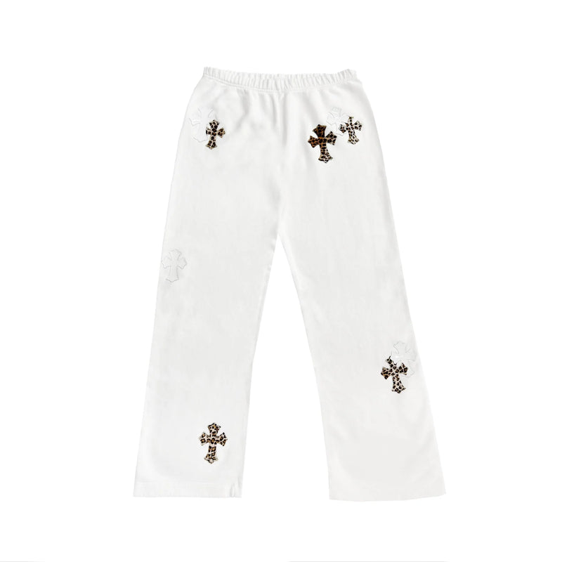 Leopard Cross Patch White Sweatpants