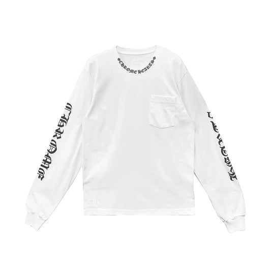 Stylish Neck White Long Sleeve Pocket T-Shirt