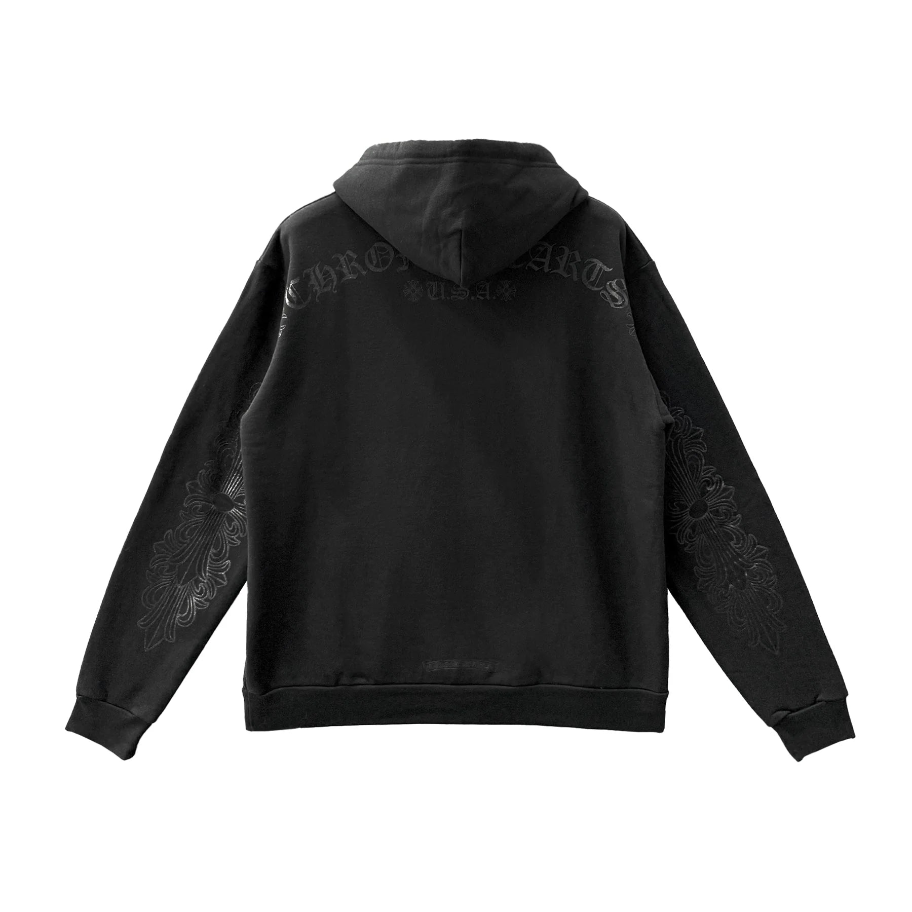 Online Stylish Glitter Script Floral Sleeve Black Pullover Hoodie
