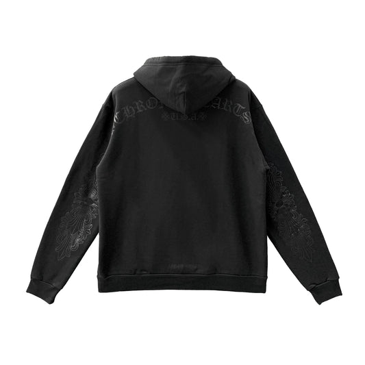 Online Stylish Glitter Script Floral Sleeve Black Pullover Hoodie