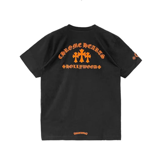 Orange Three Cross Slogan Chrome Hearts Black Tee