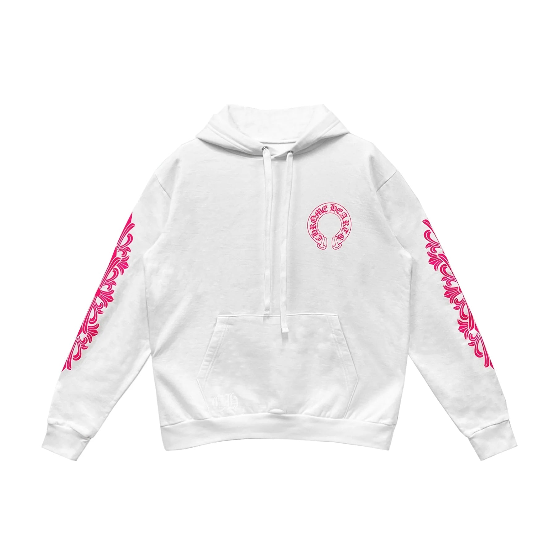 Pink Horseshoe Floral Sleeve White Pullover Hoodie