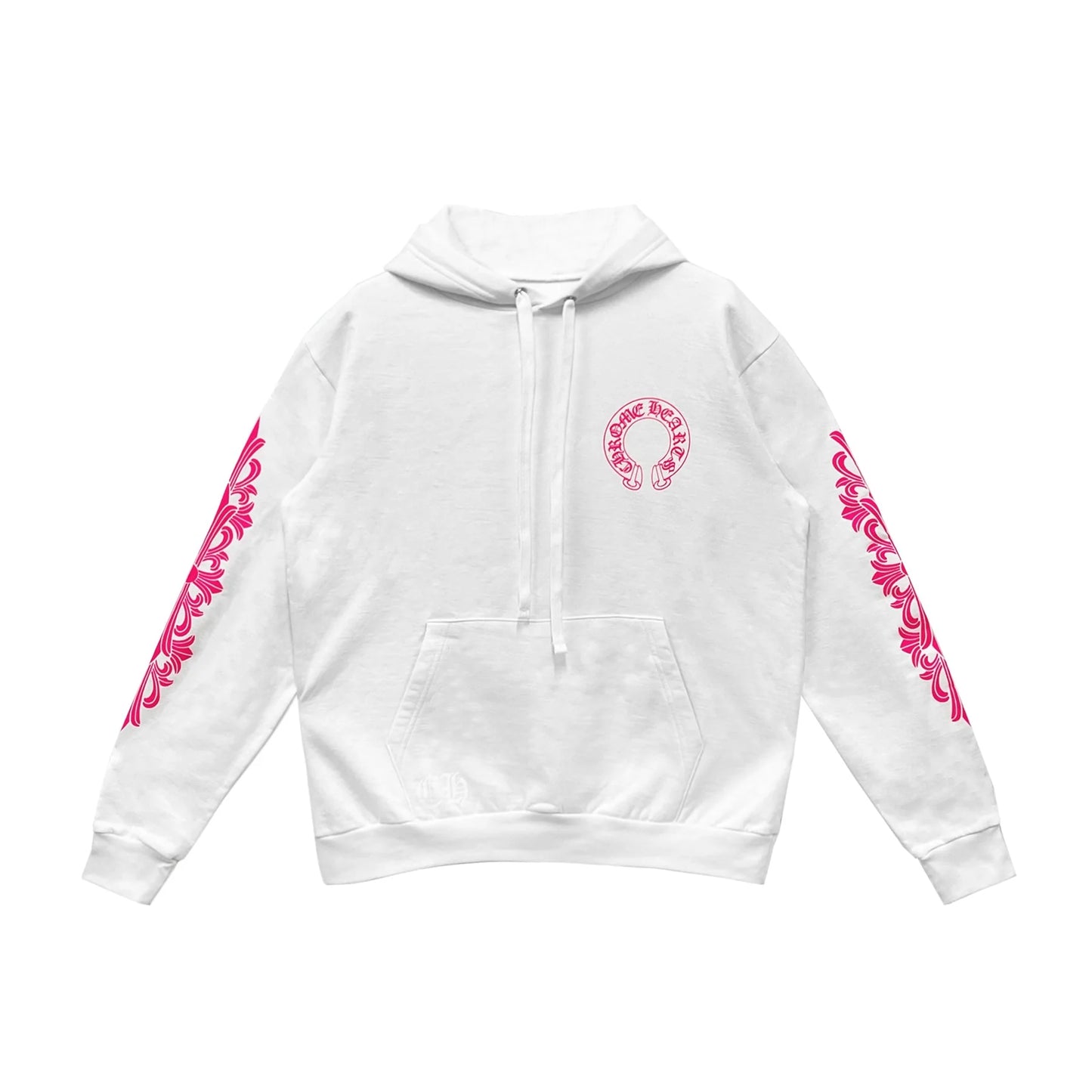Pink Horseshoe Floral Sleeve White Pullover Hoodie